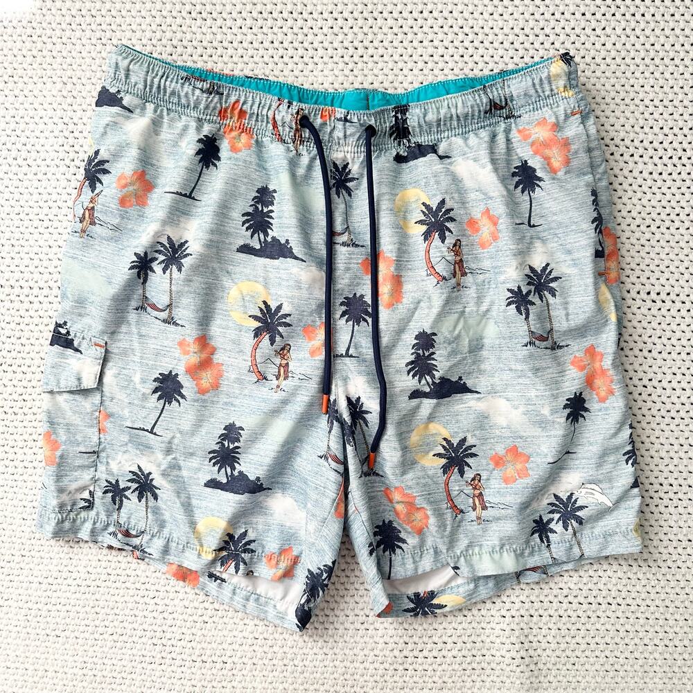 Tommy Bahama 6" Naples Blue Hawaiian Hula Dancer Palm Trees Swim Trunks Large